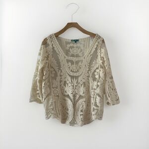 My Emblem Womens Cream Floral Lace Mesh Top L Boho 3/4 Sleeve Ivory Romantic